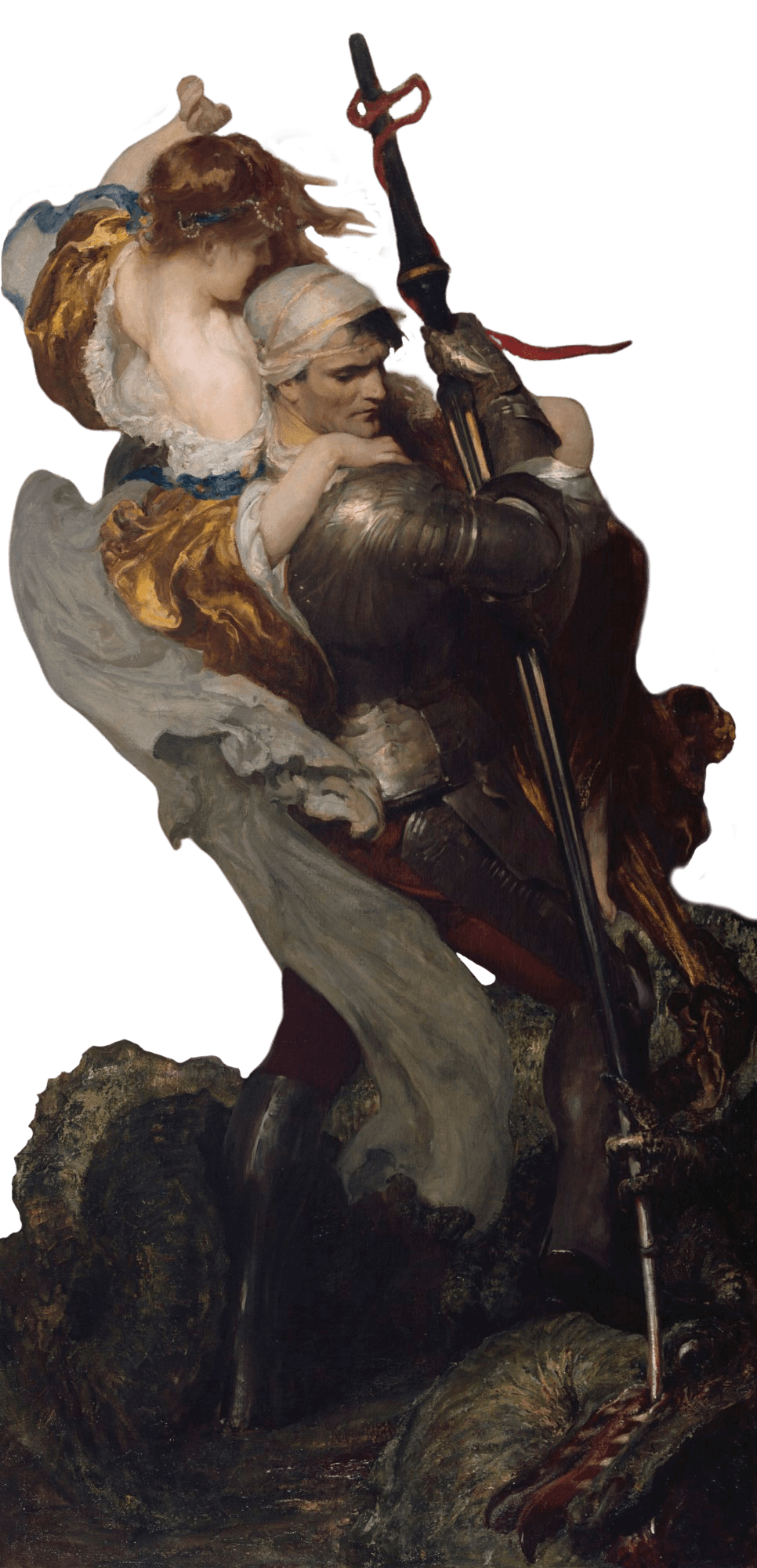 Cavaleiro com espada carregando uma mulher — pintura romântica